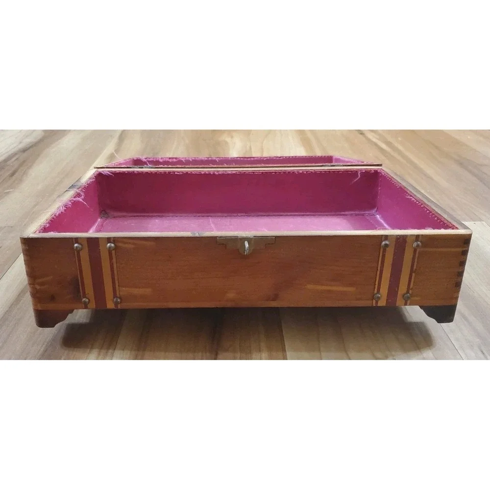 Vintage Rustic Wood Trinket Box Flat Top Storage Chest Striped Metal